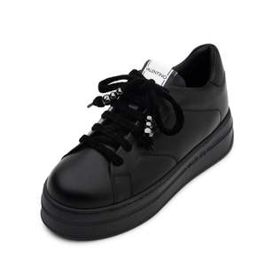 Sneakers tendance pour femmes Isabel Black Canvas avec lacets, sangle Ciniglia, semelle haute linéaire et semelle en cuir Vitello, fabriquées en Italie - Product Image 5