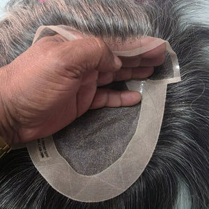 Taz Hair BD Fusion Perruque toupet en cheveux humains Remy à trame nouée à la main, base en dentelle frontale, couleur mixte 1B, patchs capillaires gris, prothèse capillaire - Product Image 1