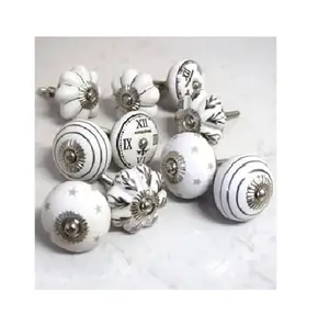 Grey & White Ceramic Door Knobs Vintage Shabby Chic Cupboard Drawer Pull Handles furniture cabinet handle kitchen knobs