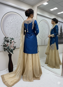 ชุดอนาร์กาลีผ้าไหมผสมปักลายสีน้ำเงินรอยัลและสีแชมเปญโกลด์ ยูนิตี้ ลักชัวร์ พรีเมียม พร้อมผ้าคลุมไหล่เน็ต - Product Image 2