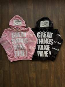 Sudadera con Capucha de Alta Calidad para Hombre con Bordado Desgastado y Pedrería, 100% Algodón, Felpa Transpirable, Sudadera con Cremallera - Product Image 5