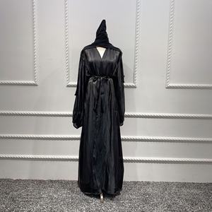 Robe Abaya élégante ouverte en satin Robe d'été arabe islamique Hijab Broderie Dubaï Imité Soie tissée Soirée Eid Poche Musulman - Product Image 4