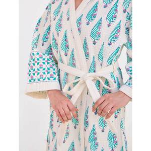 Women's Embroidered Cotton Fleece Robe V-Neck Long Sleeve Full Length Floral Print Casual Summer Wear Breathable Tie Closure - Product Image 5
