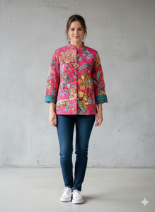 Chaqueta de Mujer 100% Algodón Reversible Acolchada de Manga Larga para Invierno con Cierre de Botones y Estampado Floral - Product Image 2