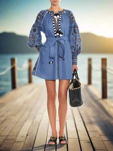 2025 Lino de alta calidad azul ucraniano bordado Vyshyvanka blusa bordado naranja bohemio étnico camisa Boho Chic único - Product Image 5