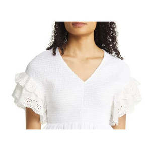 Top corto de mujer XX-Small con manga con volantes, cuello en V, fruncido, de tela de chifón bordada blanca, de punto, ajuste holgado y cuello con volantes - Product Image 2