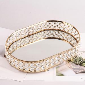 Plateau de service ovale en verre doré miroir, ornements créatifs, plateaux à bijoux ovales en cristal, plateau ovale en argent, vendeur indien - Product Image 3