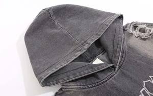 Ropa de calle personalizada rasgada bordado carta angustia chaqueta de mezclilla con capucha hombro caído Vintage lavado Denim lágrimas Sudadera con capucha para hombres - Product Image 6