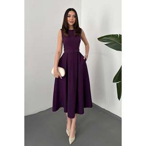 <b>Purple</b> Solid <b>Halter</b> <b>Neck</b> Natural Waist Midi Flared <b>Dress</b> - Product Image 1