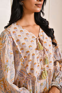 Vestido Informal 100% Algodón, Estampado a Mano, con Mangas Largas Acampanadas, Midi, con Volantes, Estilo Indio, Estampado Floral Pastel - Product Image 6