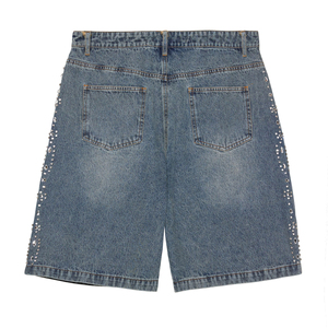 Short en denim épais pour hommes personnalisé Jorts en cristal avec strass Braguette vintage à fermeture éclair 100% coton OEM Service tissé Mid - Product Image 6