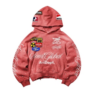 2026 Wholesale <b>Top</b> Quality Custom Oversized Graphic Hoodie & <b>Distressed</b> Denim Shorts Set For Men - Product Image 2