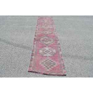 Vintage Herki <b>Runner</b> Rug 2.6x11.3 ft (79x344 cm), Turkish <b>Red</b> Ombr Wool Rug - Product Image 1