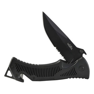 Coltello con blocco di sicurezza con manico nero e lama liscia-seghettata con clip di Wallis K900325 - Product Image 1
