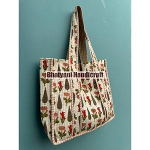 Bolso de compras de algodón hecho a mano indio con estampado de bloque de mano, bolso de mano para mujer, bolso de hombro acolchado con estampado de bloque hecho a mano - Product Image 6