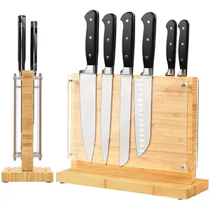 Bloque de cuchillos de bambú personalizado soporte de cuchillo magnético de madera con escudo acrílico para mostrador de cocina