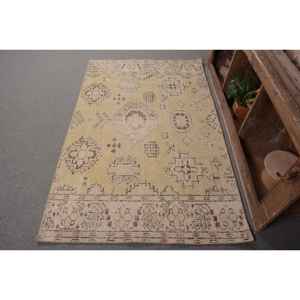 Vintage 39 X 63 ft Turkish Rug Handmade Yellow Beige Wool Classic Patchwork Design Rectangular Hallway for Bedside 4m Latex - Product Image 1