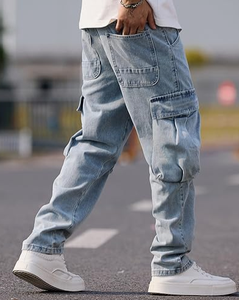 Jeans cargo pour homme, coupe droite et ample, taille haute, respirant, non extensible, style hip-hop, avec plusieurs poches, été/hiver - Product Image 5