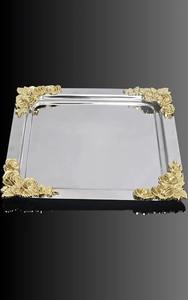Elegante Bandeja de Servicio de Metal con Esquinas Florales en Acabado Plateado y Detalles de Rosas Doradas para Eventos en el Hogar y Servicios Festivos - Product Image 4