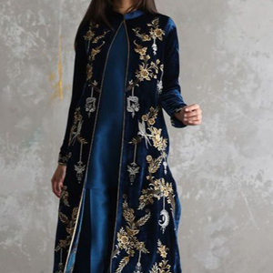 NEW--DESIGNER LONG <b>JACKET</b> ,KURTA WITH PANT DRESS EMBELLISH CRYSTAL GLASS BEADS, DABKA WORK for Party-WEAR @ 2023 - Product Image 1