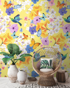 Fabriqué en Allemagne Photo Papier Peint Muraux Floral Jaune Bleu Blanc Non Tissé Vinyle Mural Fleurs pour Hôtel-2,80x1,59 m - Product Image 1