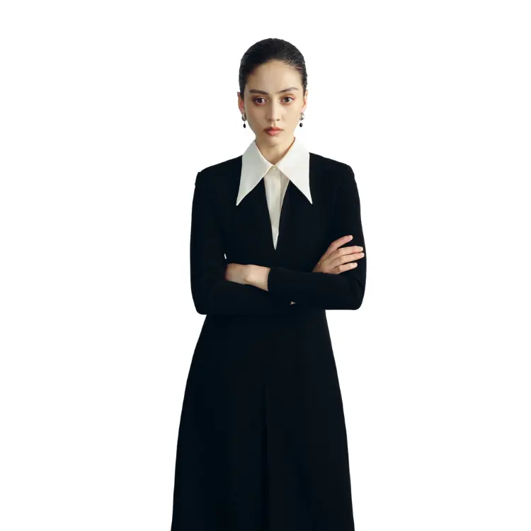 Long Black Flared Dress With Collar 100% Polyester ANDREA MIDI DRESS High Quality Casual Dresses From WHITE ANT Manufacturer