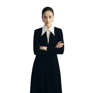 Uzun siyah alevlendi elbise yaka ile 100% Polyester ANDREA MIDI elbise yüksek kaliteli rahat elbiseler beyaz karınca üretici