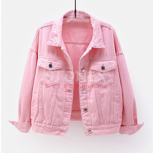 Chaqueta vaquera de algodón rosa de estudiante de un solo pecho de manga larga simple regular suelta de doble puntada informal de alta calidad - Product Image 1