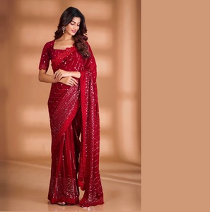 Indian Boutique <b>Red</b> Beautiful Traditional Bollywood Ethnic Georgette Sequence Work Premium Quality Latest Trendy <b>Red</b> Sari - Product Image 1