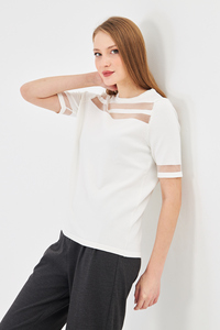 Blusa de manga corta con cuello redondo y patchwork de malla para mujer - Product Image 2