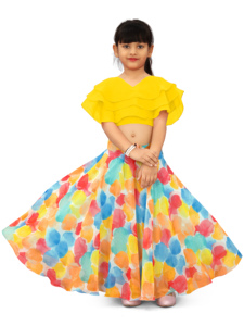 Conjunto de Lehenga Largo con Estampado Digital Multicolor y Volantes de Georgette Amarillo para Niñas, Marca Shoryam, para Fiestas, Todas las Temporadas - Product Image 2
