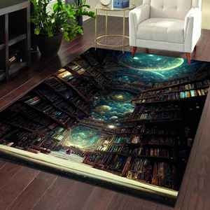 Alfombra de suelo Starry Galaxy Bookshelf, decoración surrealista con estampado digital para rincones de lectura, con alfombra suave - Product Image 4
