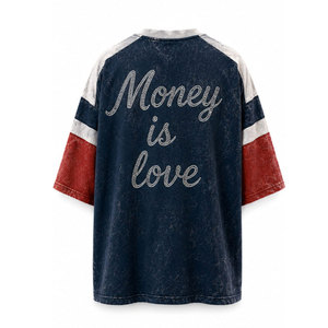 เสื้อยืดแขนยาวทรงโอเวอร์ไซส์สำหรับผู้ชาย ลายหัวกะโหลกประดับเพชร คำว่า Money Is Love สไตล์สตรีท คอกลม ทรงพอดีตัว แต่งขอบตัดสี - Product Image 3