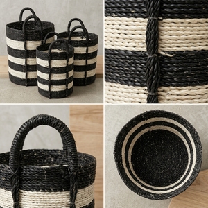 Hand Woven Recycled <b>Plastic</b> Rope Storage <b>Basket</b> Set Black White Stripe Arch Handle Pot Planter Organizer Setup Decor Pure Art - Product Image 2