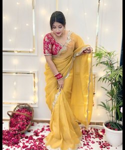 Saree de mariée en mousseline de soie avec broderie en filet et chemisier prêt à l'emploi pour mariage et fête - Product Image 3