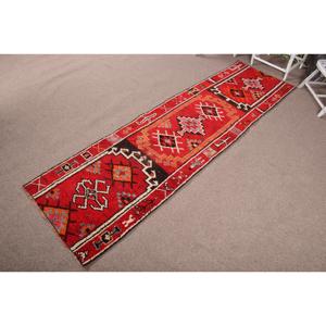 Turkish 2.6x9.5 ft Rug, Herki Vintage Rug, <b>Red</b> Polka dot Rug <b>Wool</b> - Product Image 2