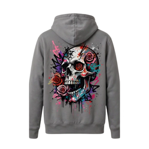 Sudadera con capucha gris para hombre con cremallera completa y gráfico de calavera y rosas coloridas, estilo urbano con estampado artístico en la parte delantera y trasera. - Product Image 2