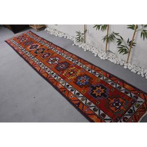 2.6x11.7 ft Turkish Herki Rug, <b>Red</b> Abstract Vintage <b>Wool</b> Rug - Product Image 4