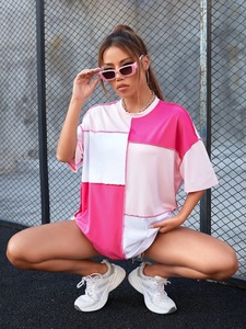 Venta al por mayor último diseño mujeres en blanco 100% algodón Tops mujeres transpirable color bloque camisetas - Product Image 6