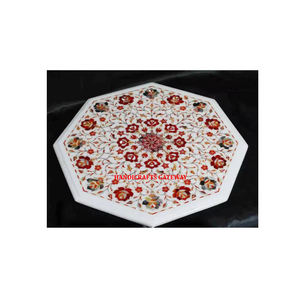 Plateau de table octogonal en marbre blanc moderne exclusif, incrusté de fleurs, finition polie brillante, pour salon, salle à manger, décoration d'hôtel - Product Image 1