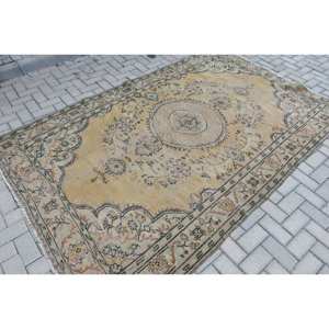 Alfombra de lana amarilla y beige tradicional hecha a mano, diseño de retazos rectangulares de 5,7x9 pies, respaldo de látex, para sala de estar, dormitorio, pasillo - Product Image 2