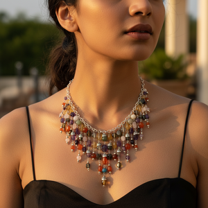 Collier pour femme en perles multi-gemmes, style bohème vintage coloré, bijoux religieux avec jade, style mignon pour cadeaux - Product Image 3