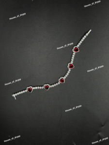 <b>Red</b> Heart Cut Tennis <b>Bracelet</b> Silver With Moissanite Diamond Look Stones Iced Out Design Romantic Luxury Jewelry For Unisex - Product Image 2