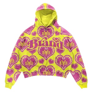 เสื้อมีฮู้ดพิมพ์ลายหัวใจโอเวอร์ไซส์ดีไซน์แบบสวมหัวลายกราฟิกสีชมพู - Product Image 2