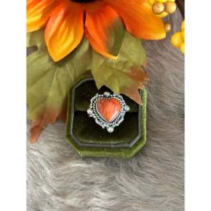 Southwest Handmade Spiny Oyster & Sterling <b>Silver</b> <b>Adjustable</b> Heart <b>Ring</b> Rose Gold Plated Alloy Bezel Set Inlay One Size Gift - Product Image 1