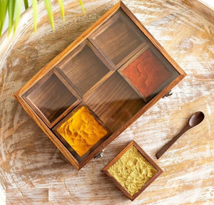 Utensilios de cocina Herramientas Tapa impresa floral Caja Masala con almacenamiento Contenedor de madera y cuchara para el hogar - Product Image 6