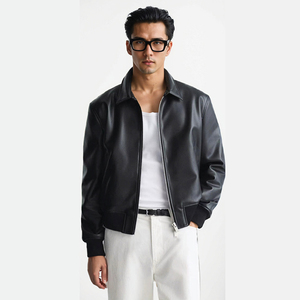 High Quality Autumn Stylish Smooth Coated Waterproof Breathable Stand Men's Solid Color Double Zipper Regular Genuine Leather - Product Image 5