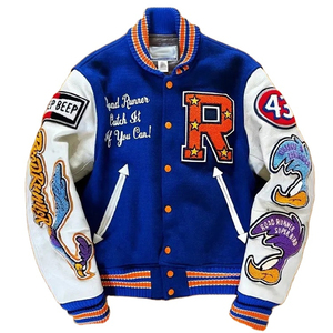 Custom Looney Tunes Road Runner Varsity Jacket Azul Lana Blanco Mangas de cuero Chenille Parches Lettermen Jacket - Product Image 1