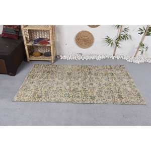 พรมตุรกีพื้นที่ขนาดใหญ่วินเทจ3.4 x 5.7ft คลาสสิกสีเบจสีฟ้าการออกแบบการเย็บปะติดปะต่อกันขนสัตว์ยางรูปทรงสี่เหลี่ยมสำหรับห้องโถงห้อง - Product Image 3