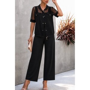 Ensemble deux pièces en modal pour femme, avec col, manches courtes, détails en maille et boutons, veste et pantalon, 37680 - Noir - Product Image 2